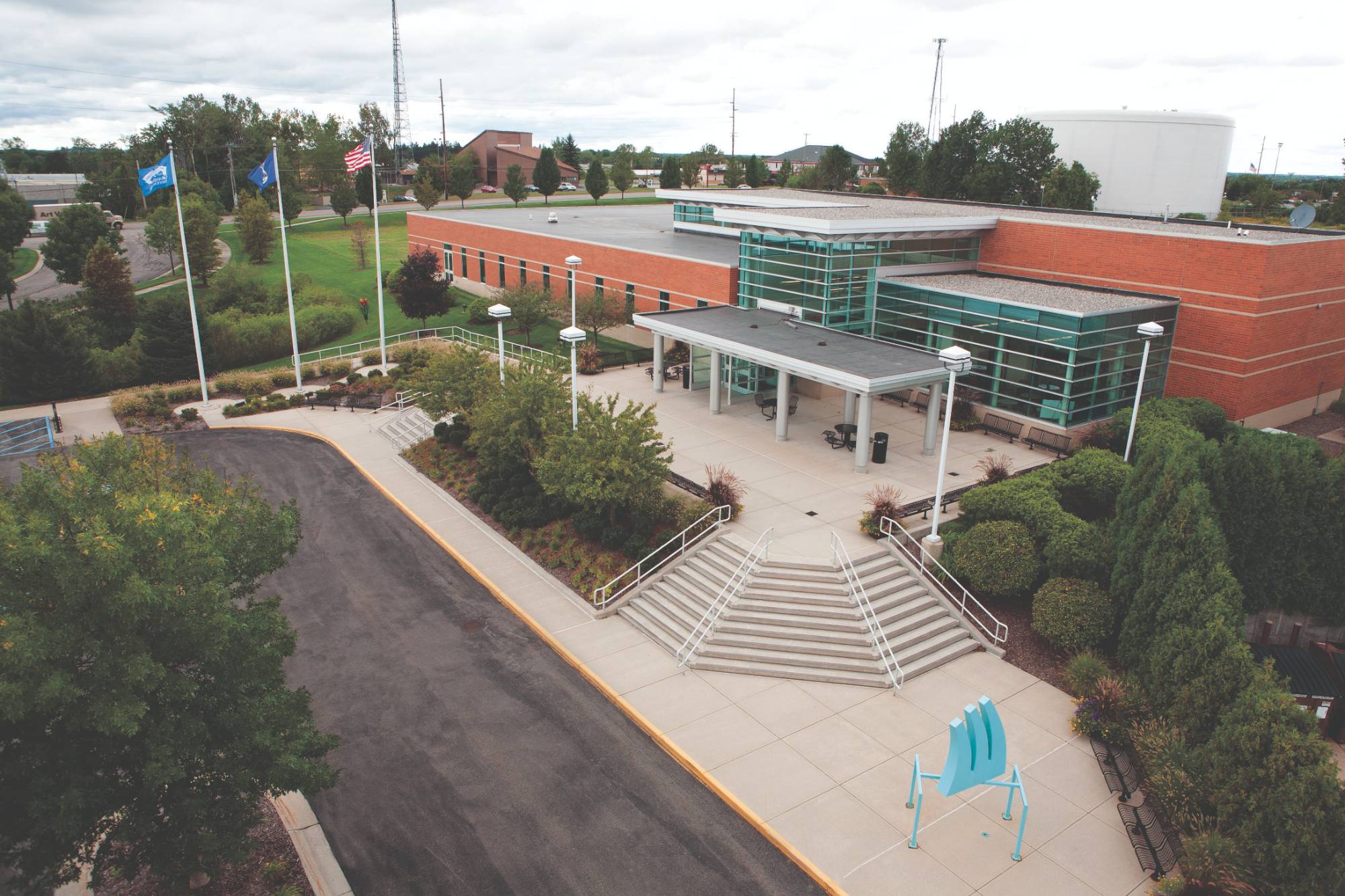 Drone view of the front entrance of the Holland Meijer Campus